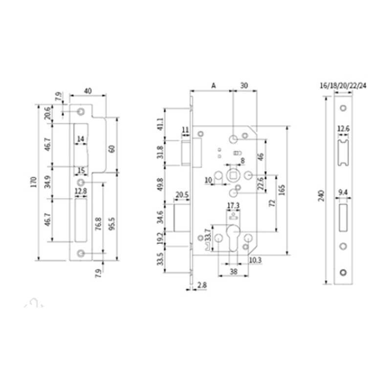 Cuerpo de cerradura de puerta de madera serie 72