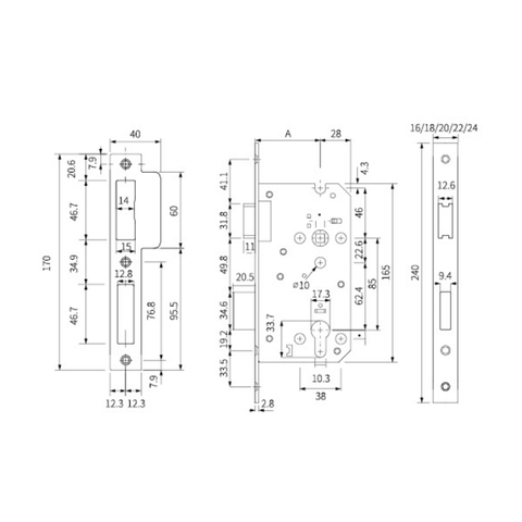 Cuerpo de cerradura de puerta con cerrojo muerto 